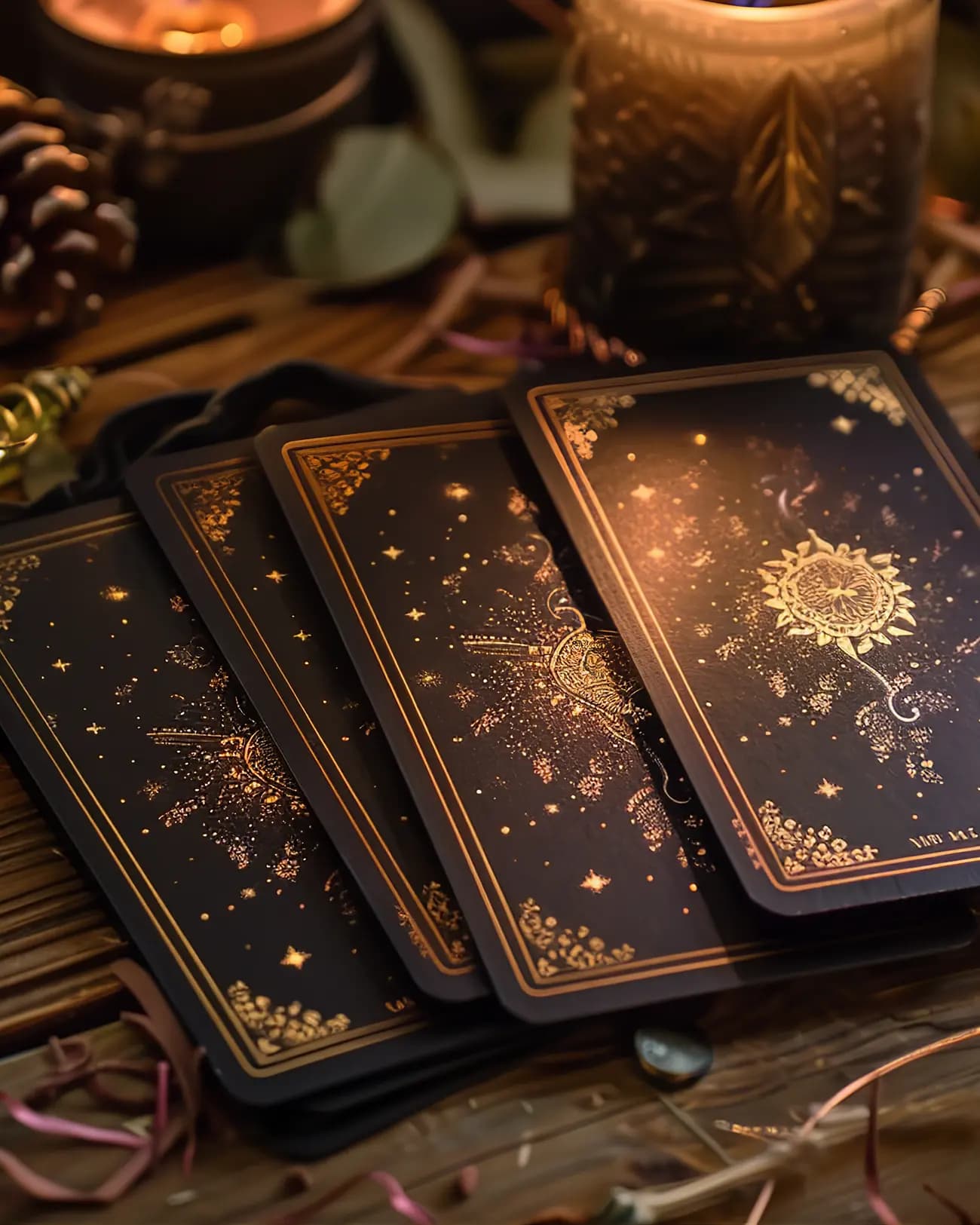 Quattro carte dei tarocchi disposte su un tavolo di legno, illuminate da candele.