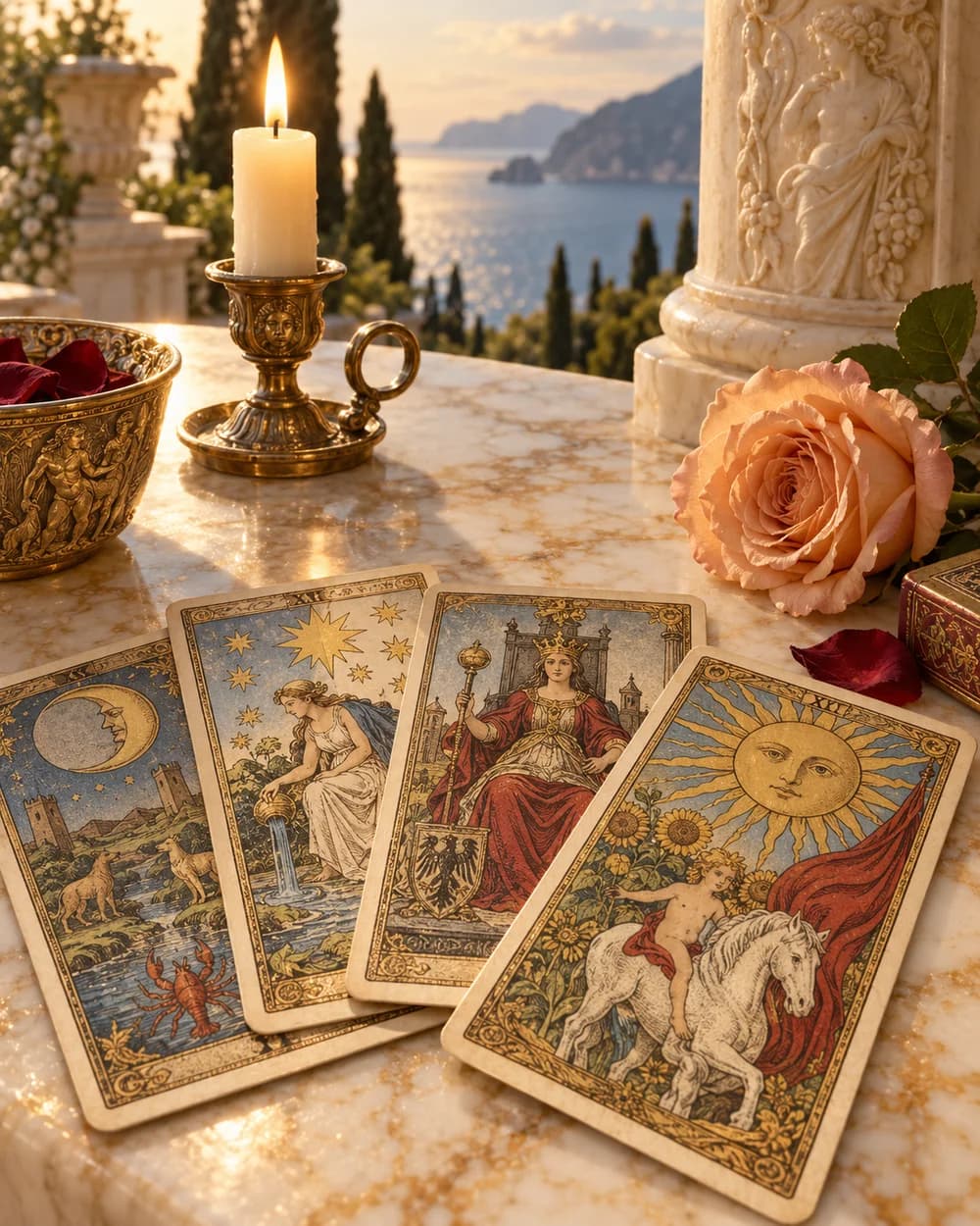 Carte dei tarocchi su un tavolo di marmo, accanto a una candela e una rosa nella luce del tramonto.