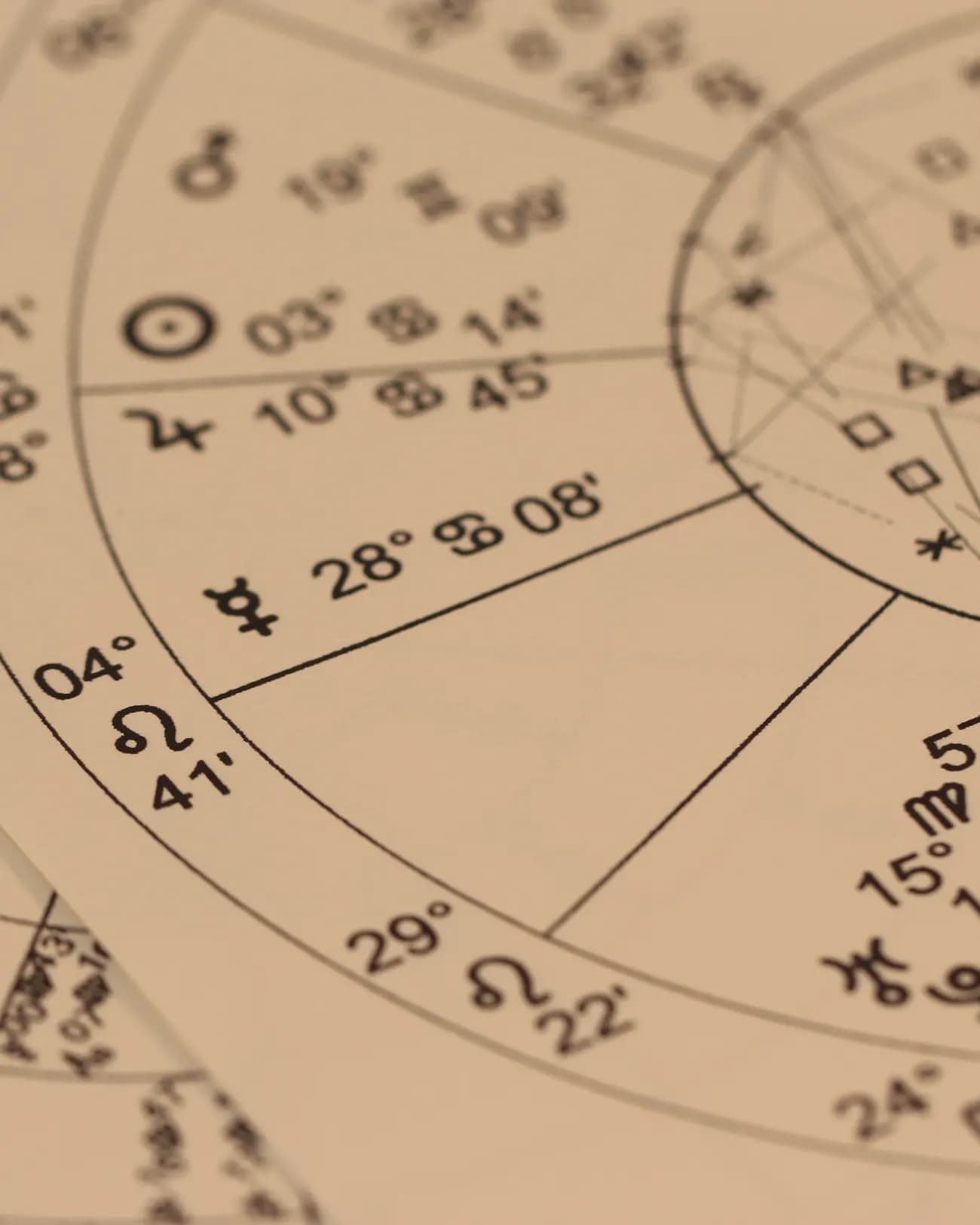 Carta astrologica stampata: la ruota delle case con i gradi e i simboli dei pianeti.